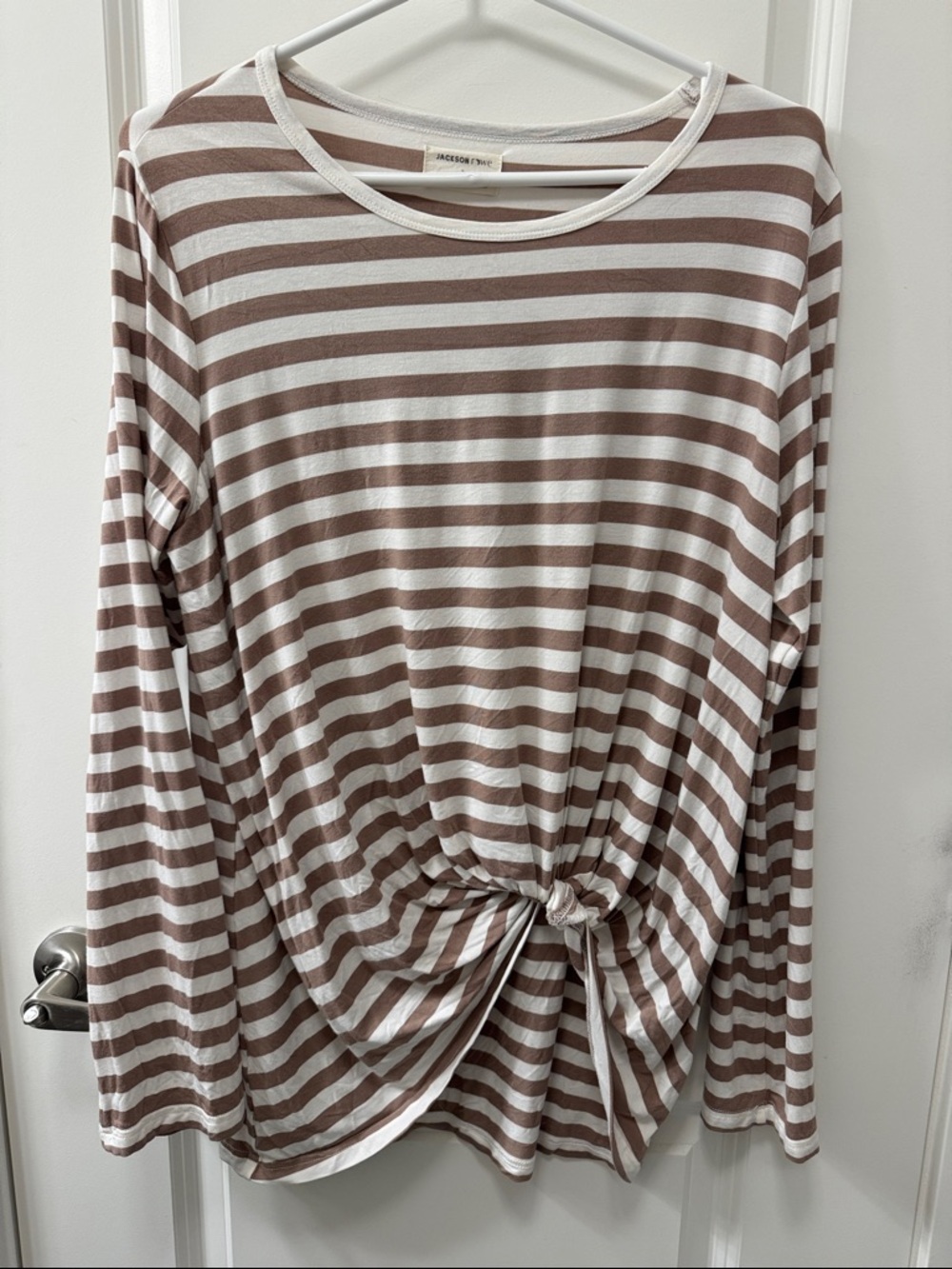Jackson Rowe Striped Knot-Front Long Sleeve Tee - White & Tan. Cottagecore Beach